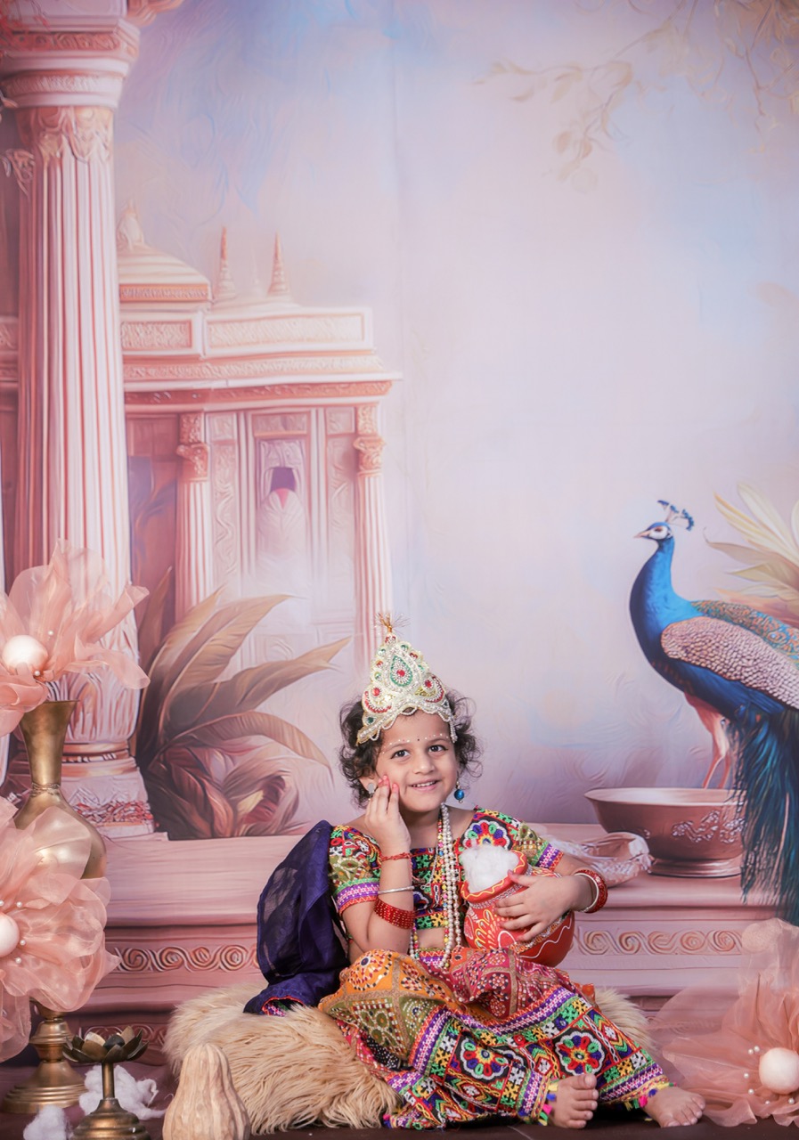 Cute baby girl dressed as Radha for a Janmashtami photoshoot