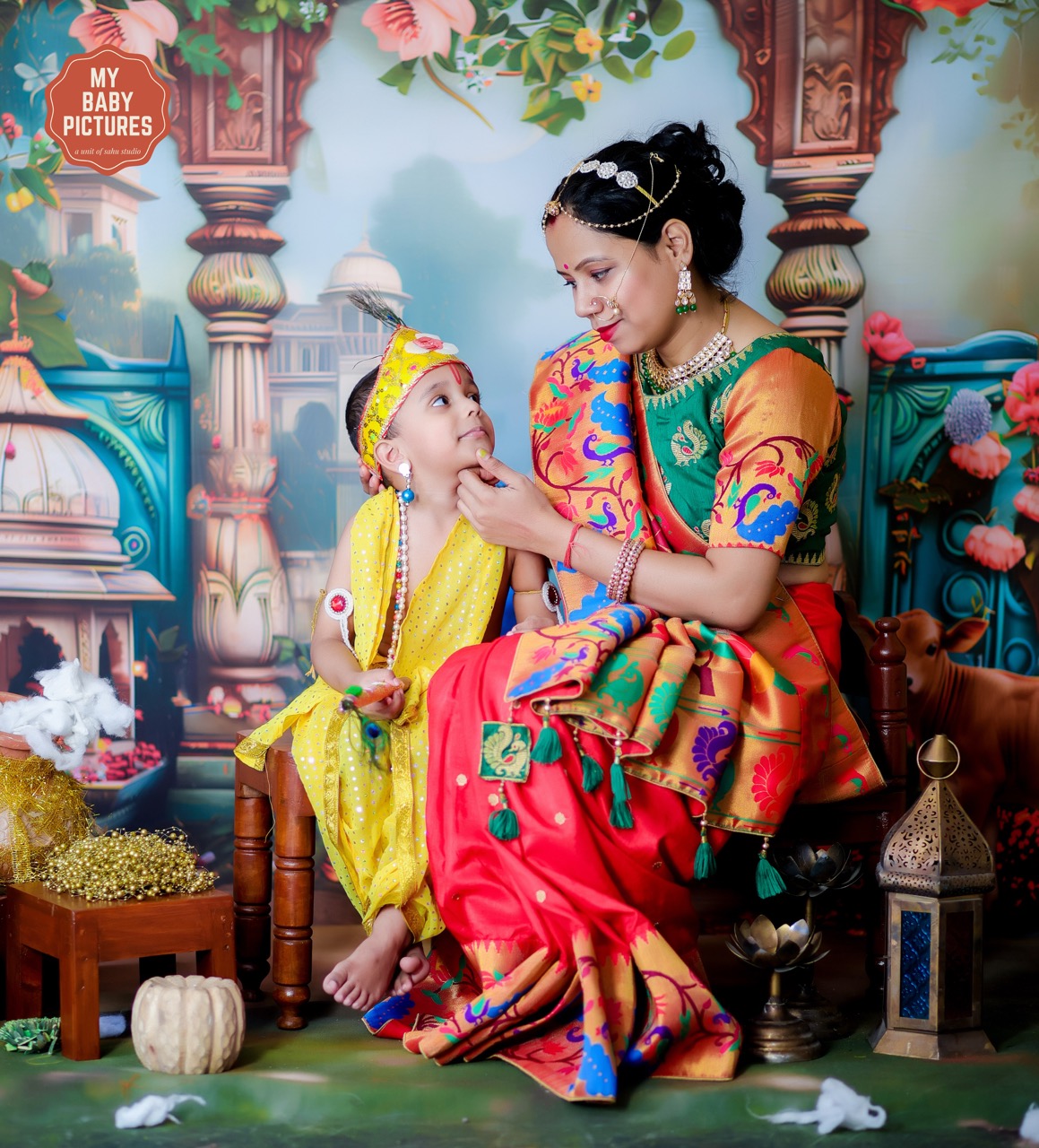Mother and son dressed as Yashoda and Krishna for a baby photoshoot